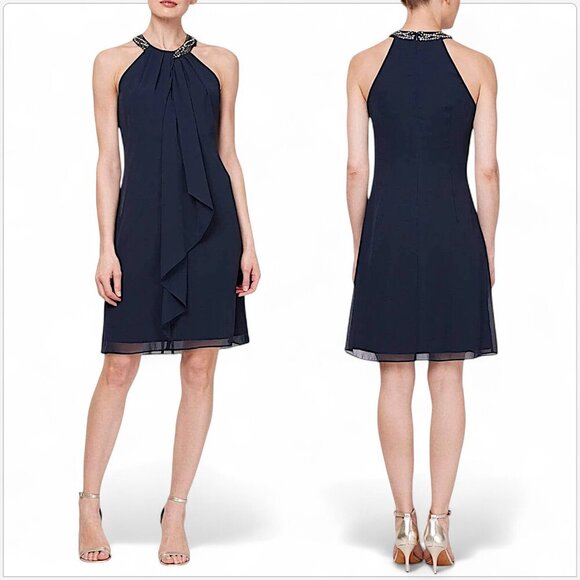 SLNY SL Fashions Navy Beaded Chiffon Halter Neck Evening Party Dress NWT New 12 - Picture 1 of 5